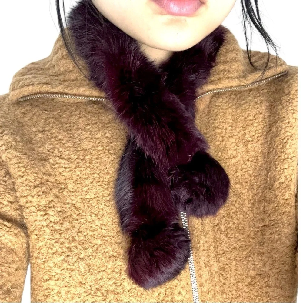 100% REAL FUR Luxurious Knitted Burgundy Wrap Scarf Pom Pom Soft Cozy